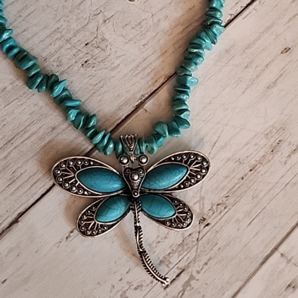 NECKLACE BOHO Collar  Necklace Beaded Simulated Turquoise Chain 12 inch